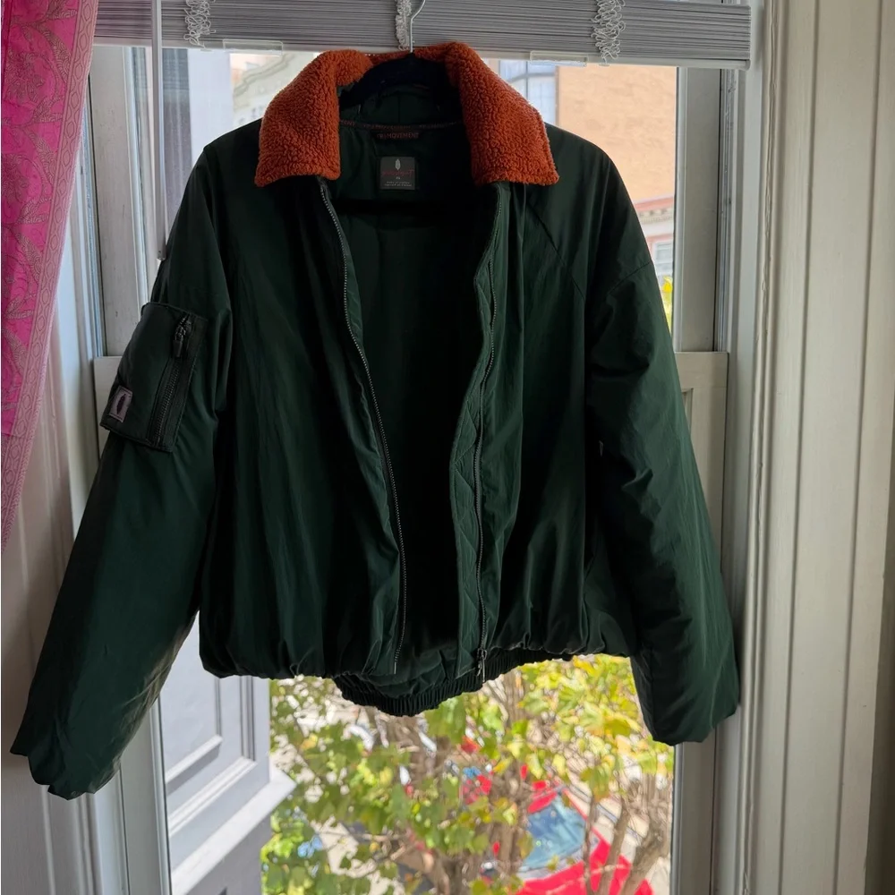 Free People Dark Green Bomber Jacket with removable Orange Sherpa Collar - Picture 1 of 3